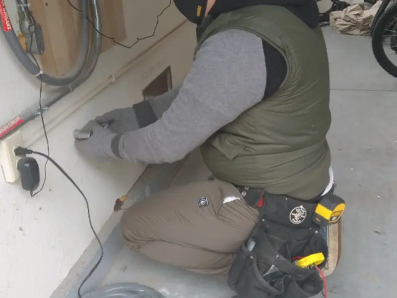 Electrician performing outlet wiring in a Miramar garage
